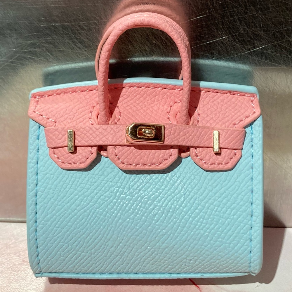 👜 Handmade Mini Blue Pink Faux Leather Birkin AirPods Tote Bag Charm Miniature